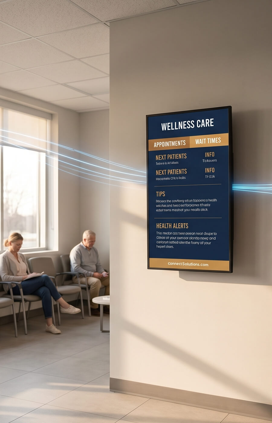 Healthcare waiting-room digital signage — compliance-bound content across 22 facilities