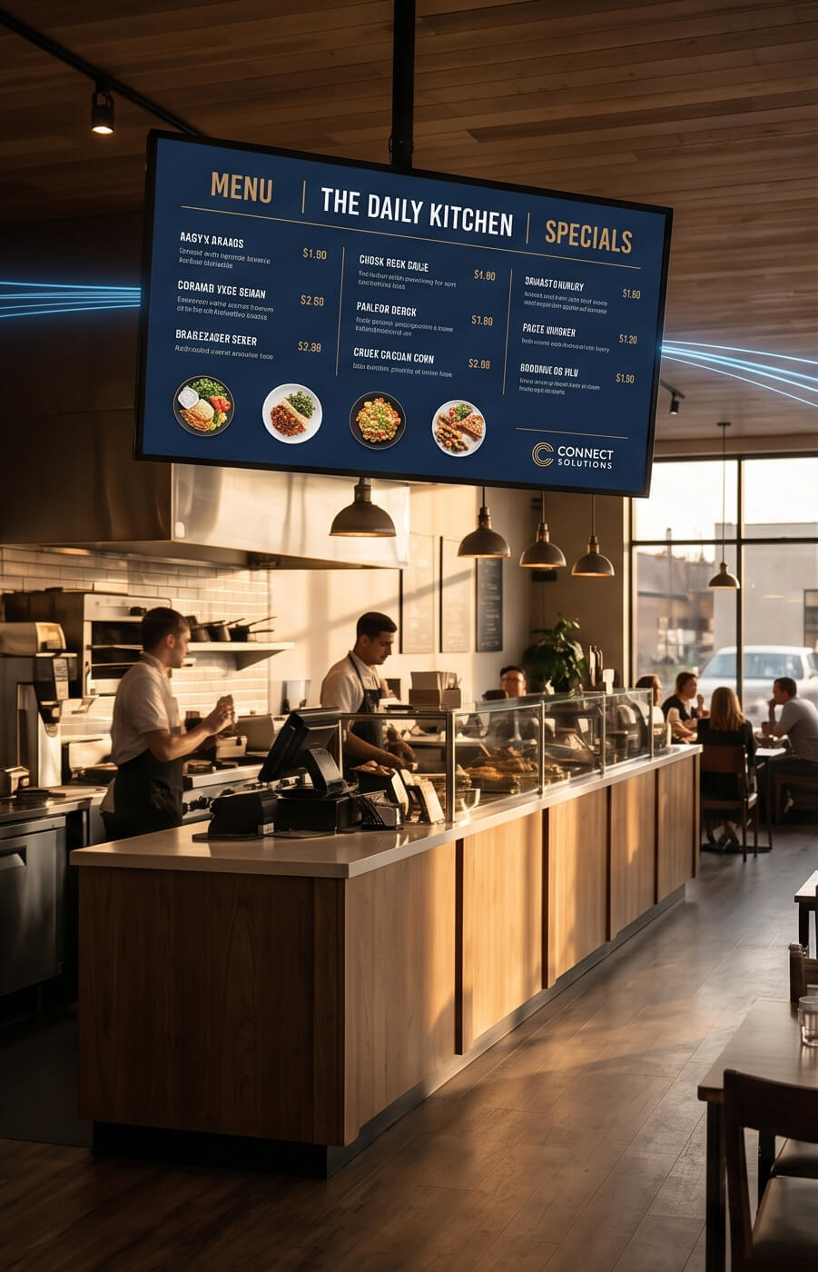 Fast-casual restaurant digital menu board — managed signage across 14 locations