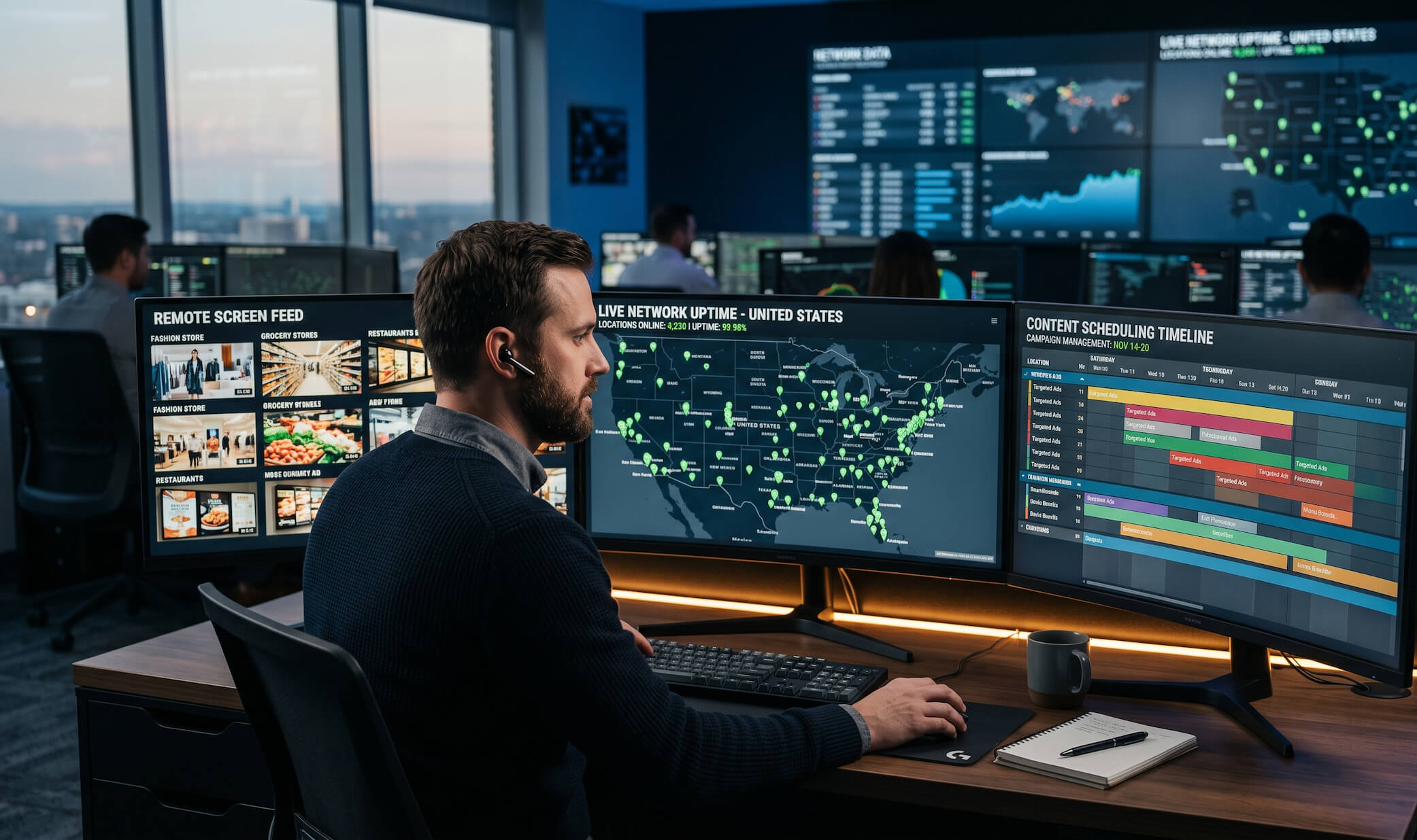 Managed digital signage network operations center — live US uptime map, remote screen feeds, and content scheduling timeline