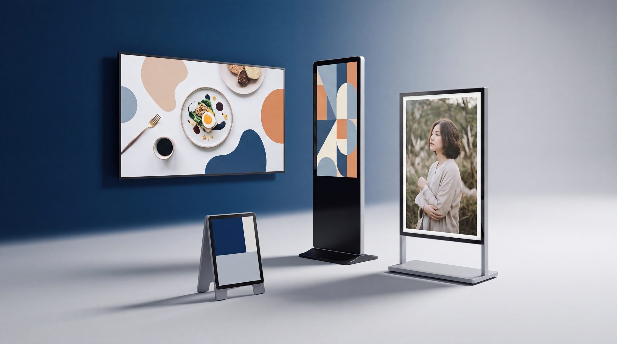Four managed digital signage formats side by side: wall-mounted menu board, floor-standing totem, high-brightness window display and a digital table tent