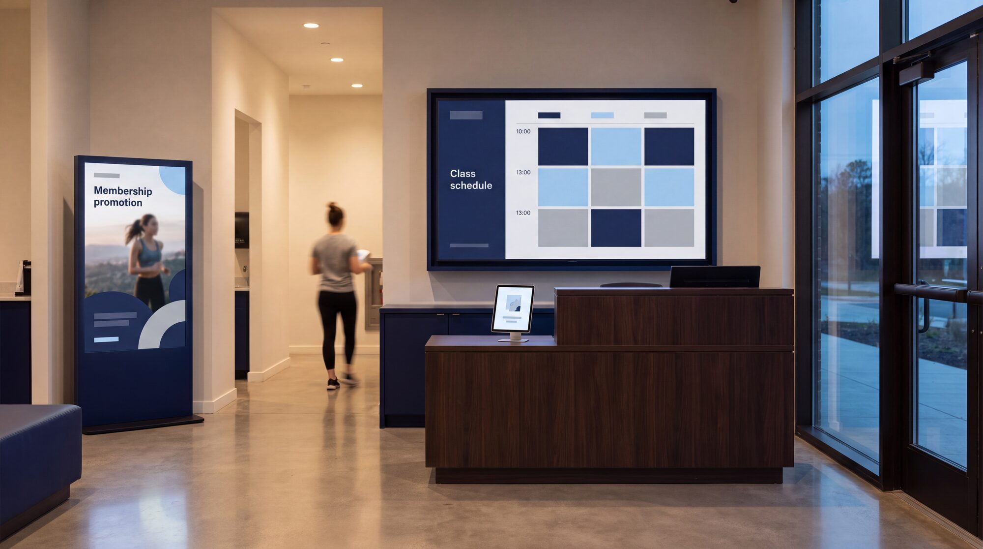 Fitness club reception with a wall-mounted class schedule screen, a floor-standing membership display and a digital table tent on the counter