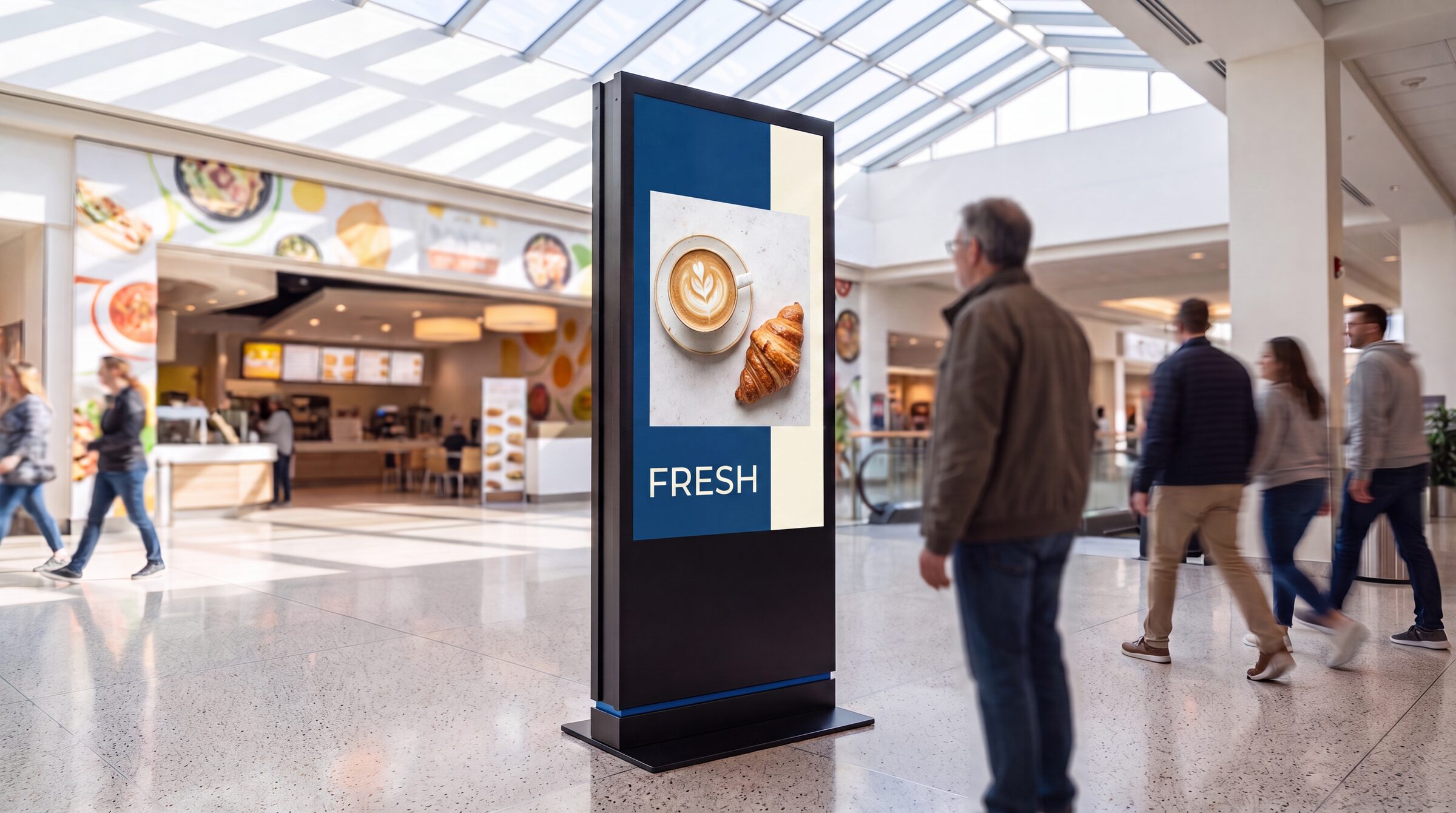 A 69-inch freestanding digital signage totem running a promotional layout on the concourse of a regional trade centre, beside the food court