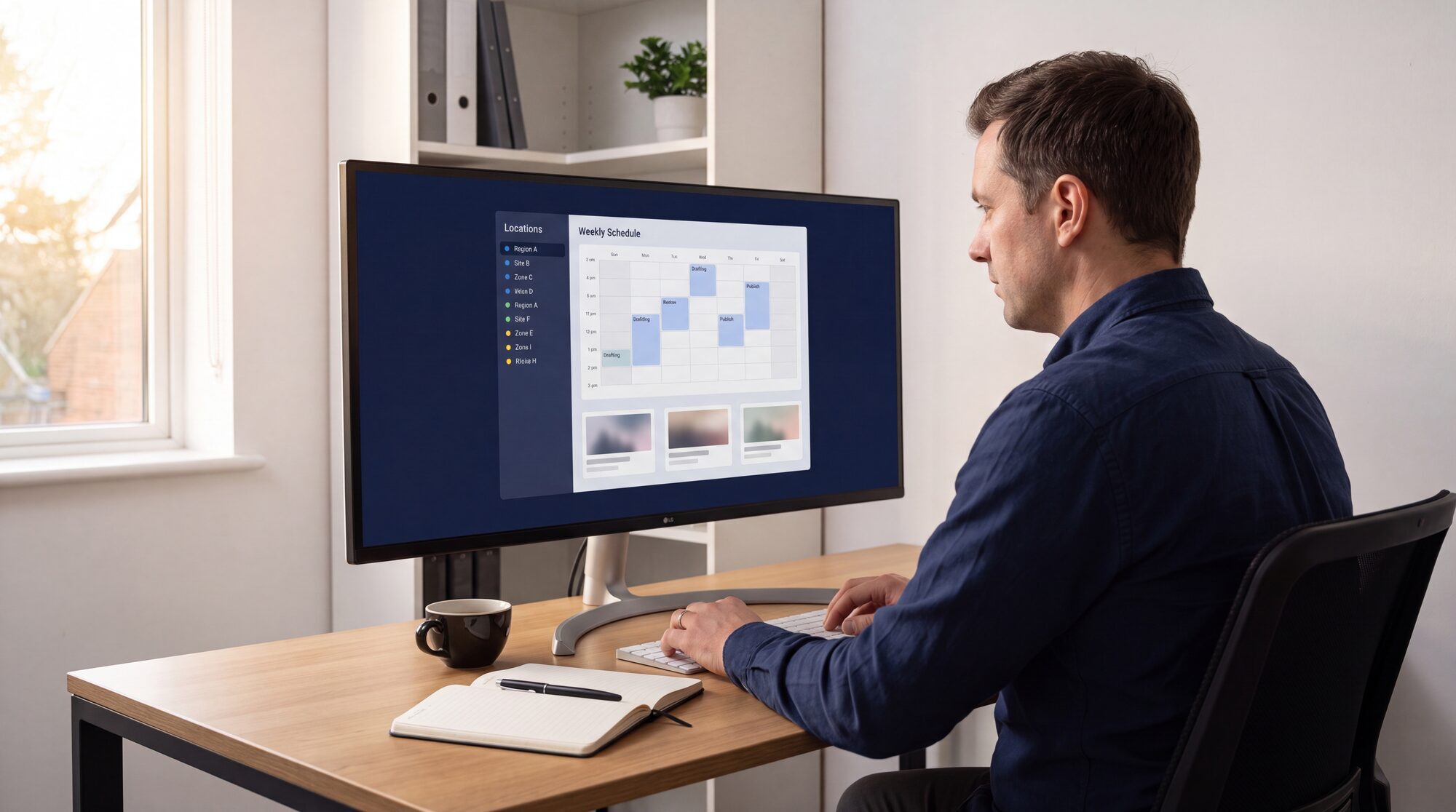A SeenLabs account manager reviewing screen status by location and the weekly content schedule for a customer's signage network