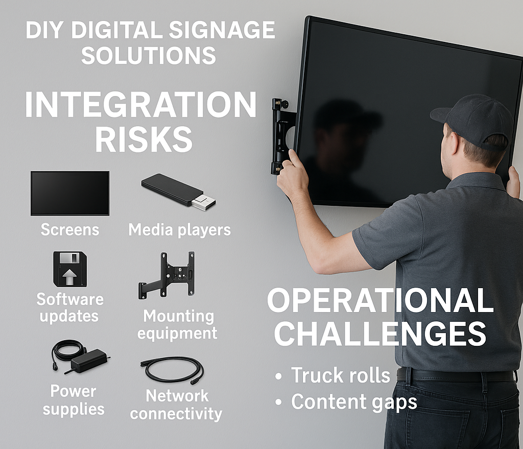 DIY digital signage solutions may appear costeffective at first glance but they often conceal significant integration risks involving various components such as screens media players operating system images software updates mounting equipment power s-1-1 DIY digital signage solutions may appear costeffective at first glance but they often conceal significant integration risks involving various components such as screens media players operating system images software updates mounting equipment power s-1-1