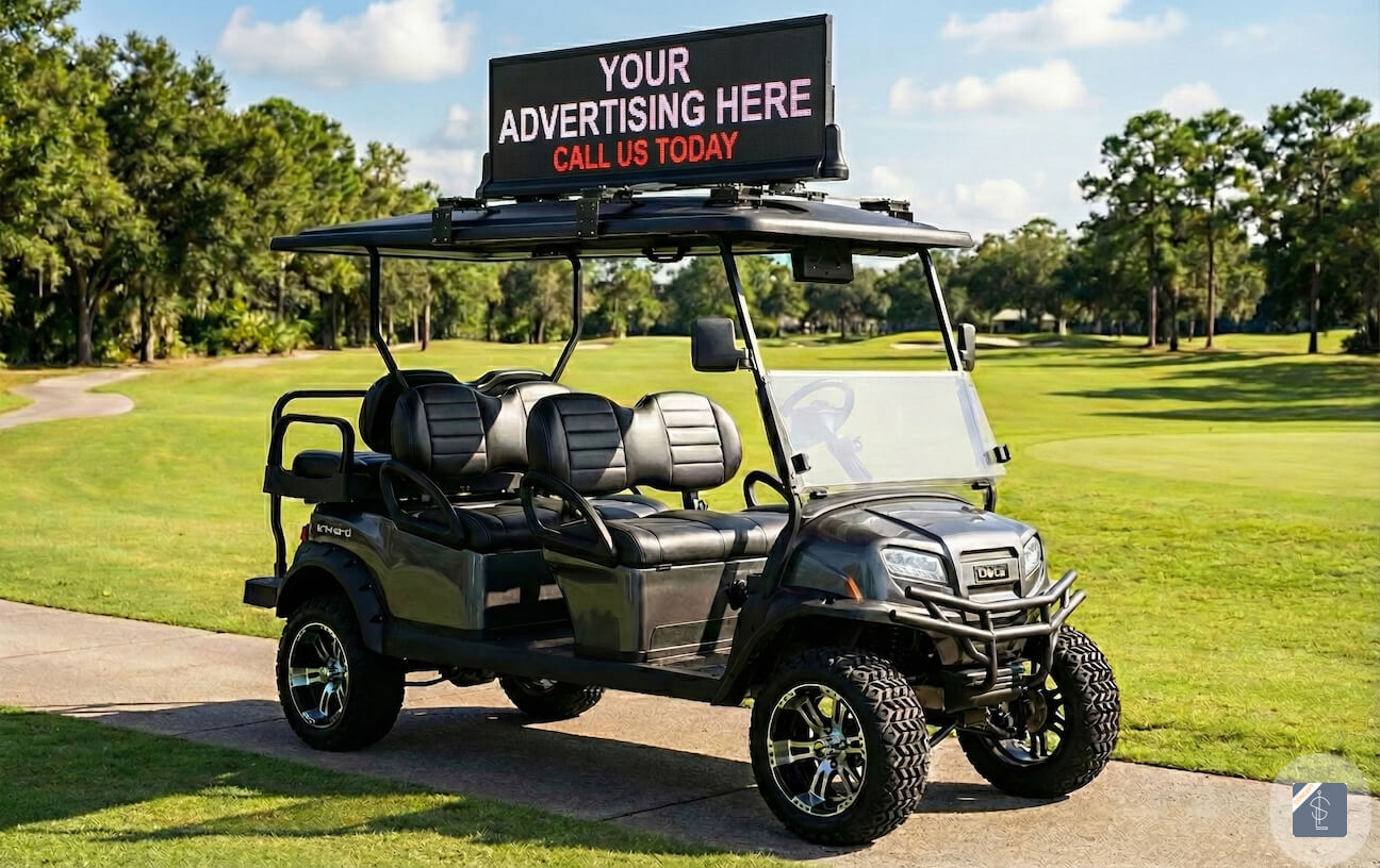 Golf cart with LED display on course
