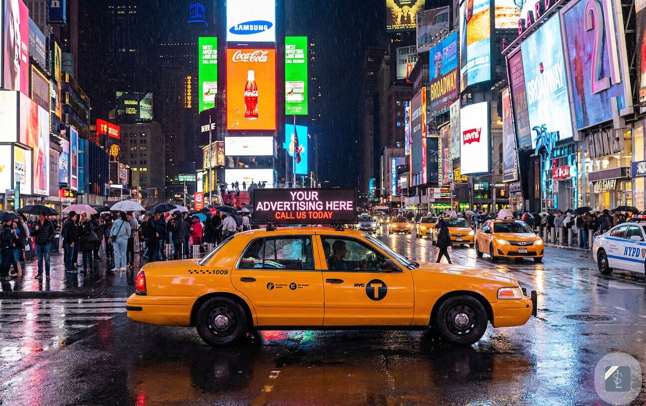 NYC taxi with LED advertising display on rooftop