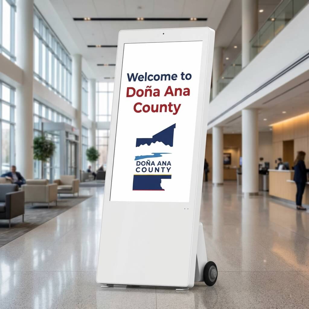 Portable digital signage displaying Doña Ana County branding in government lobby